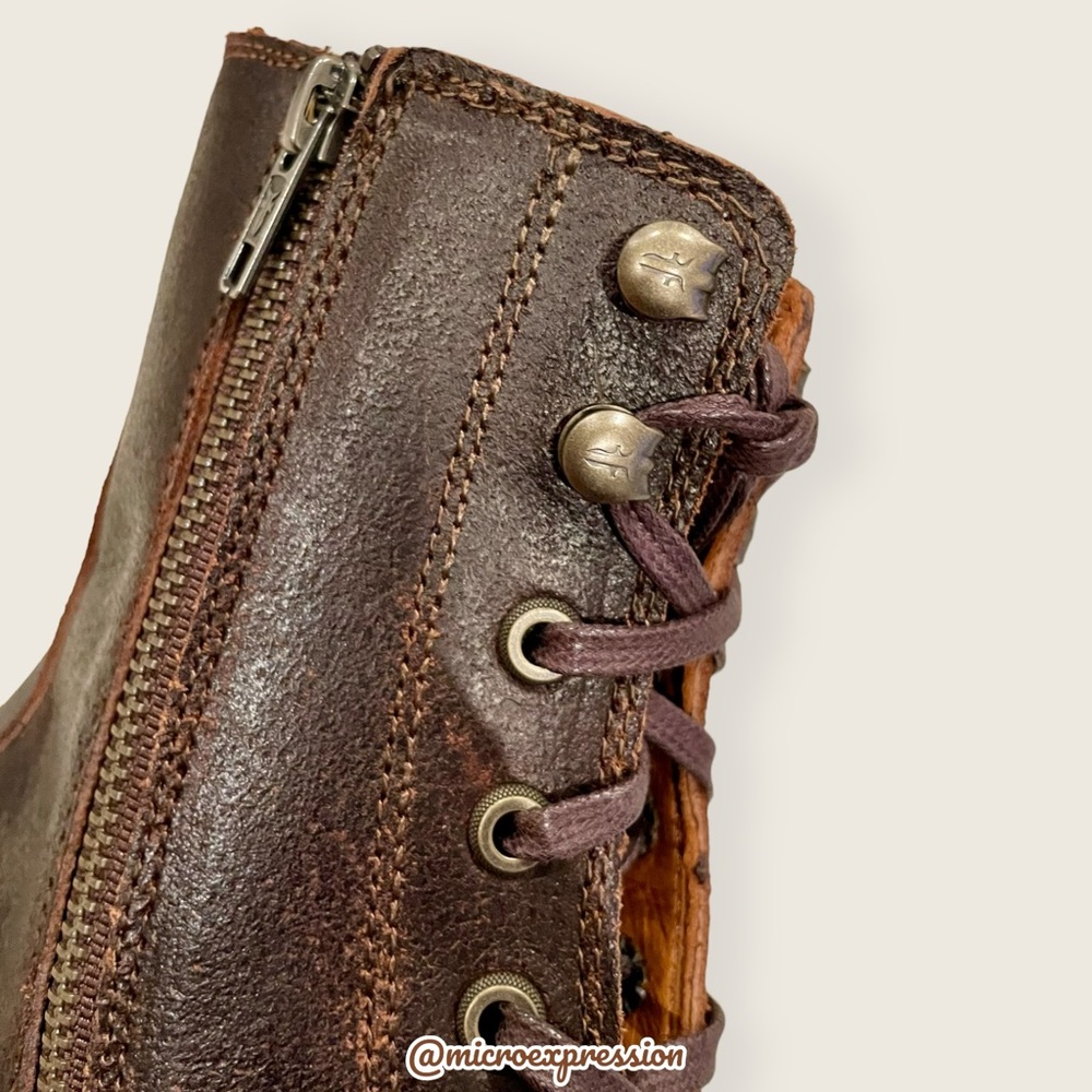 $528 Frye Sabrina Moto Brown Lace Up Leather Chunky Lug Heel Combat Ankle Bootie - Picture 13 of 16